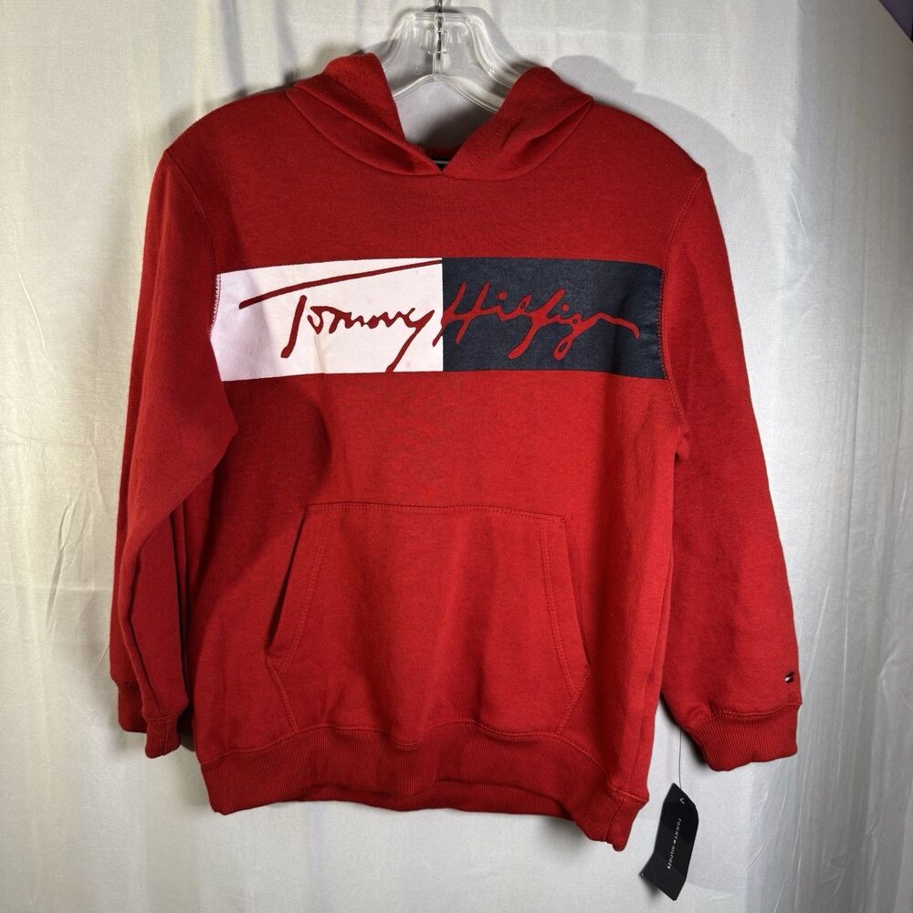 Tommy Hilfiger Red Hoodie Youth Medium 12/14 Logo Pullover Sweatshirt NWT